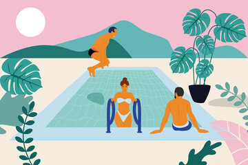 Pool party in tropical plants, mountains and pink background. The girl is on the stairs, the man is jumping into the pool.