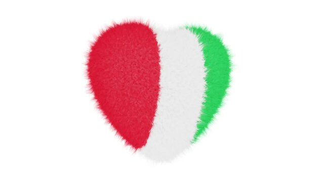 Realistic 360-degree seamless looping spin 3D animation of the cute fluffy national flag of Italy fur heart rendered in UHD with alpha matte