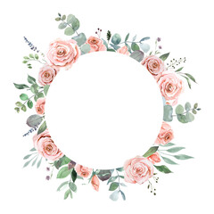 Watercolor frames of roses, leaves, branches. Hand-drawn pink flowers, green leaves in festive frames. For greeting cards, posters, invitations, wedding printing
