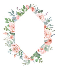 Watercolor frames of roses, leaves, branches. Hand-drawn pink flowers, green leaves in festive frames. For greeting cards, posters, invitations, wedding printing
