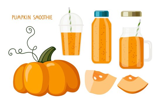 Pumpkin juice or smoothie. Autumn seasonal products. Pumpkin, glass, bottle and smoothie mug with orange liquid. Food and drinks isolated. For menu or banner for healthy eating. Fresh energetic drink.