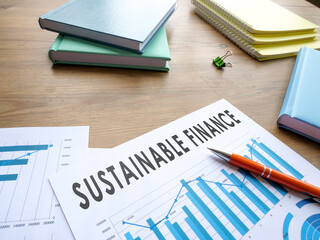 Sustainable finance words and business graphs for company strategy.