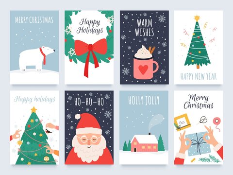 Scandinavian christmas cards. Cozy winter holiday, noel and new year celebrations with cute santa, polar bear and tree decoration vector set