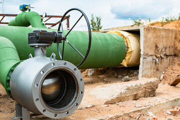 New water supply pipes with shut-off valves. City water supply system.