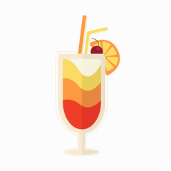 A flat illustration of the tequila sunrise cocktail, a bright mix of tequila, orange juice and grenadine in a glass glass with a piece of orange, a cherry and a straw. For menus, food, parties