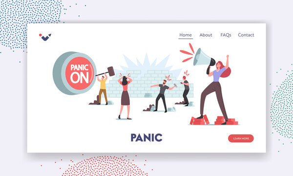 Panic, Violence, Aggressive Behavior Landing Page Template. Male Characters Throw Stones, Woman Yell to Loudspeaker