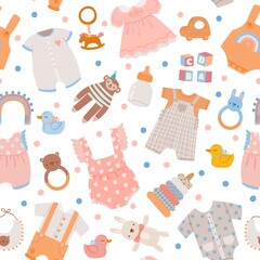 Baby shower seamless pattern. Cute newborn clothes, toys and accessory for boys and girls, bottle, dress and bodysuit. Nursery vector print