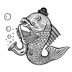 Fish plays the saxophone, vector illustration. Drawing with an ink pen and pencil. Collection of fish.