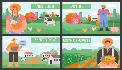 Farm banners. Posters with countryside agriculture landscape and farmers. Smart and eco farming technology. Organic farm products vector set