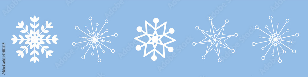 Aufkleber Snowflake set in different shapes and forms on isolated background.  Frost winter background. Christmas, new year icon. Vector illustration. Falling snow, snowfall isolated on blue background.
