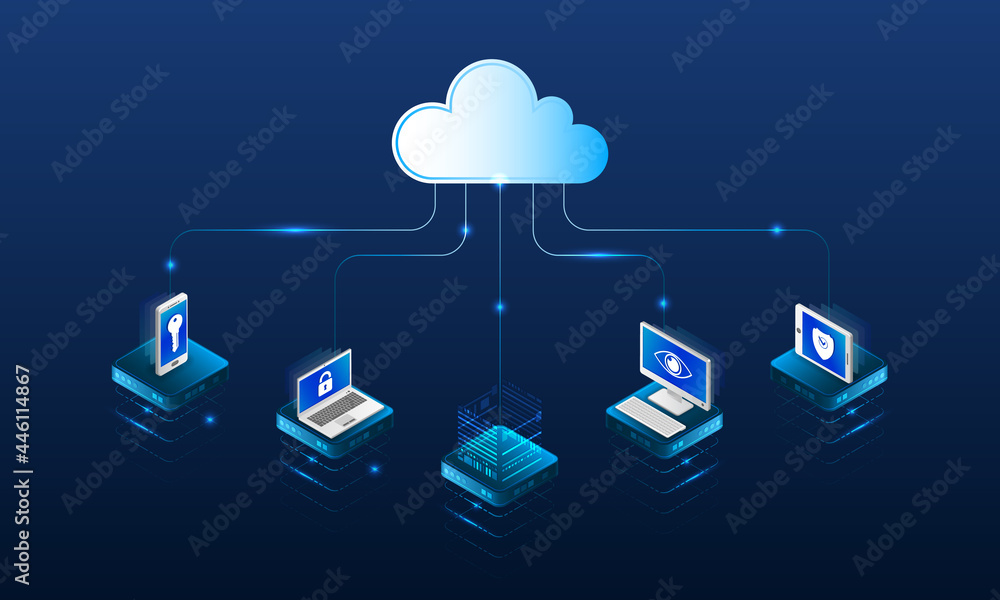 Poster Abstract datacenter, network system. Web hosting vector banner. Isometric Cloud computing, media server. 3d Futuristic Hosting server
