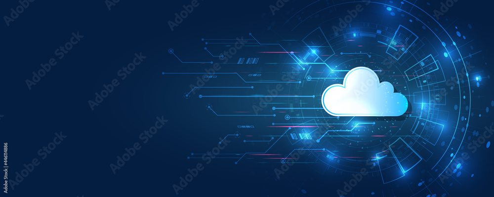Poster Abstract datacenter, network system. Web hosting vector banner. Cloud computing, media server. Futuristic Hosting server.