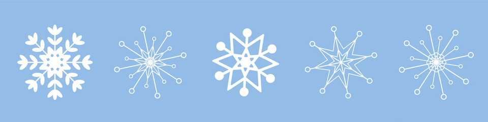 Snowflake set in different shapes and forms on isolated background.  Frost winter background. Christmas, new year icon. Vector illustration. Falling snow, snowfall isolated on blue background.