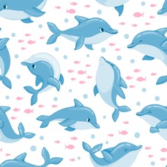 Cartoon dolphin seamless pattern. Cute baby marine print with ocean animal, fish. Dolphins swim and jump. Sea whale dolphin vector texture