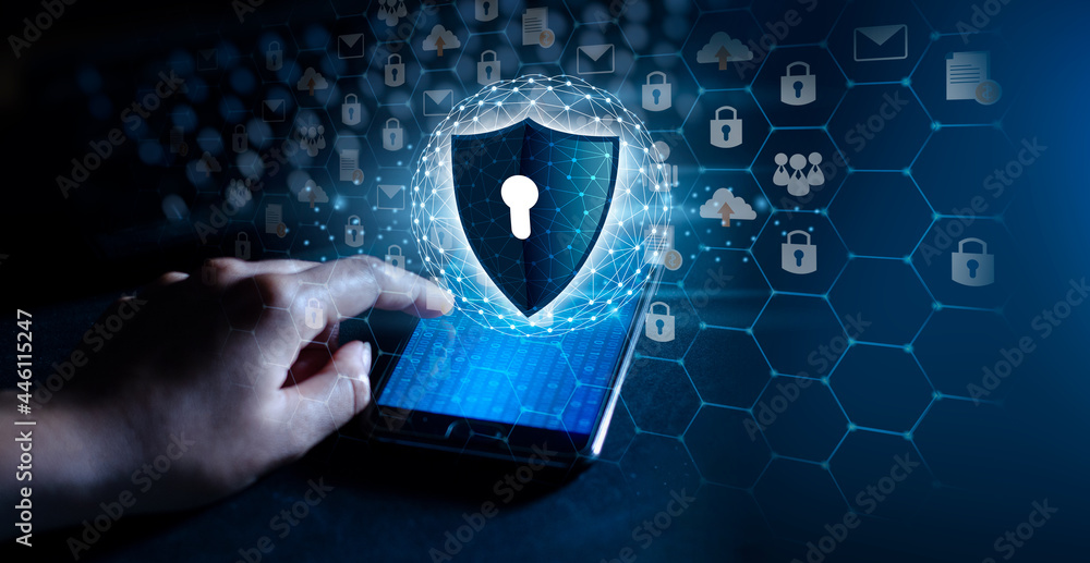 Poster shield with key inside on blue background the concept of cybersecurity the internet