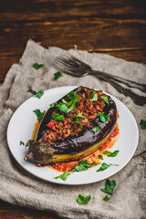 Eggplant stuffed with ground beef and tomatoes