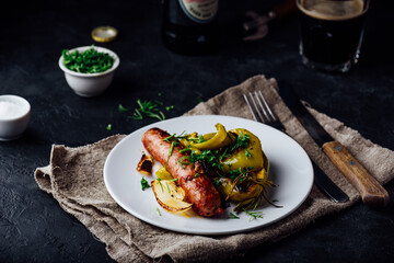 Pork sausage baked with green bell peppers, onion and herbs