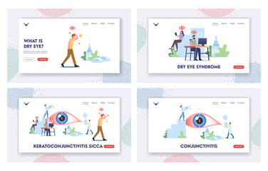 Obraz na płótnie Canvas Dry Eye Symtoms Landing Page Template Set. Tiny Characters around of Huge Eye. People Suffer of DES, Visit Clinic