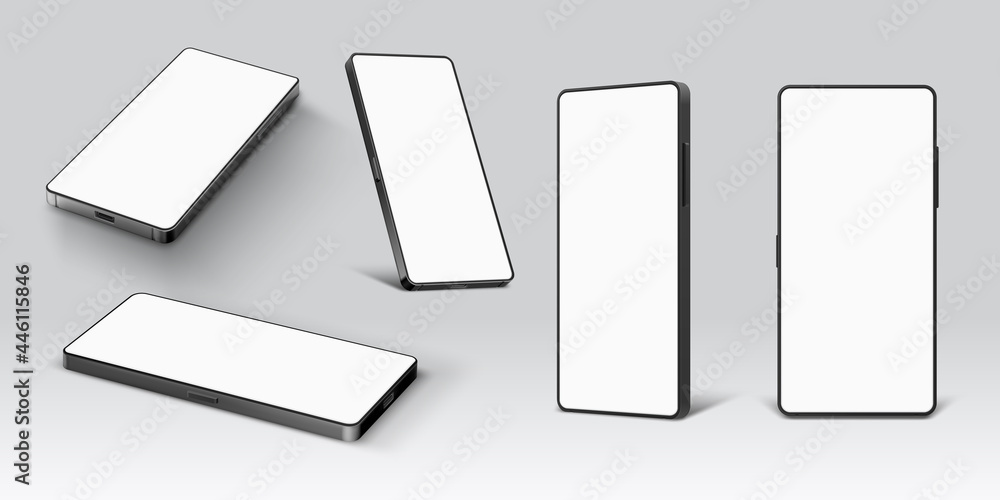 Poster mobile phone mockup. realistic smartphone device with empty screen in lying and standing side and fr