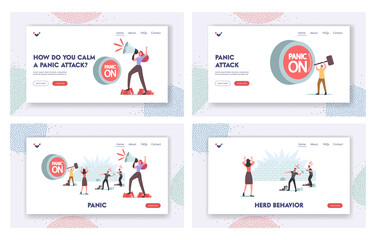 Obraz na płótnie Canvas Panic, Violence, Aggressive Behavior Landing Page Template Set. Characters Throw Stones, Woman Yell to Loudspeaker