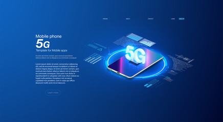 5G network wireless technology illustration. 5G network wireless technology vector illustration. Isometric smartphone with big letters 5G new wireless internet wifi connection. 