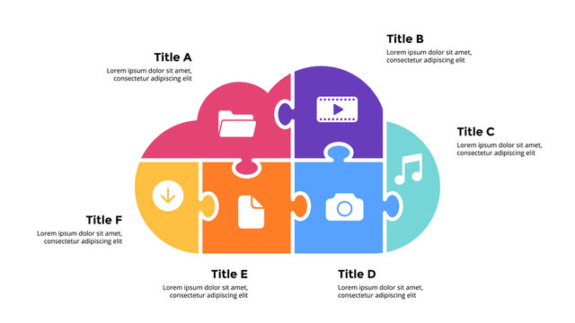 Infographic Slide Template For Your Presentation. Puzzle Cloud Service Illustration. 6 Options, Steps. Creative Web Concept. Internet Technology.