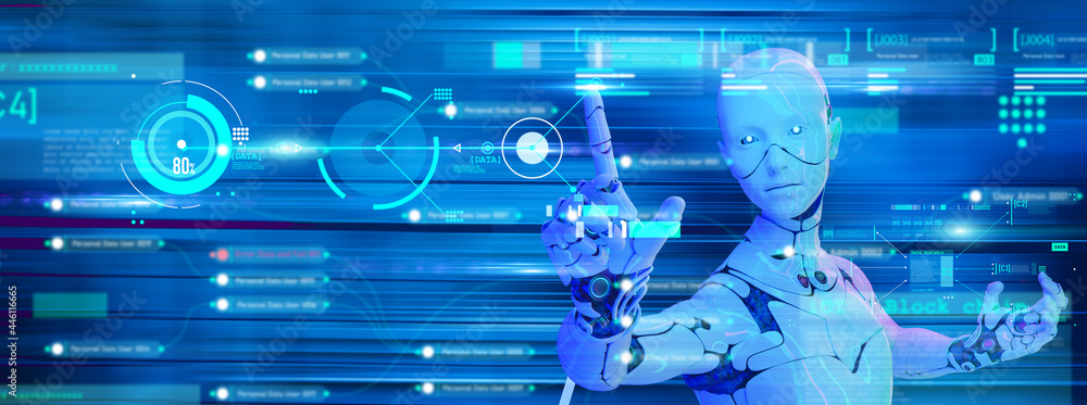 Poster android robot finger press button, computer data cyberspace background, futuristic world power of fu