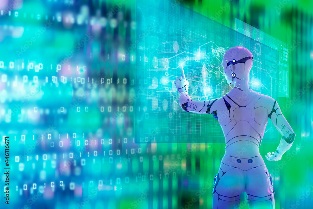 Poster android robot computer cyberspace background, futuristic world power of future digital technology ai