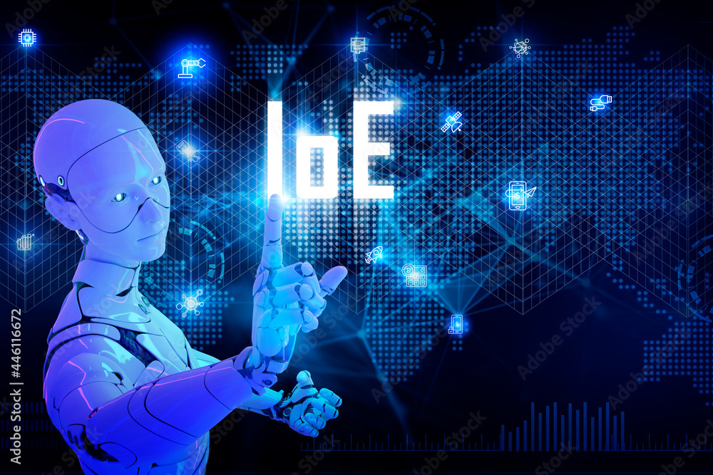 Poster android robot computer ioe internet of everything cyberspace background, futuristic world power of f