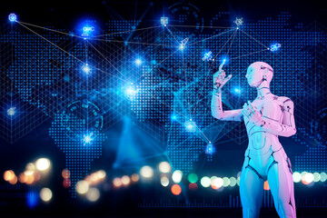 Android robot computer IoE internet of everything cyberspace background, futuristic world power of...