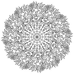 Halloween mandala, coloring page with bats, witch hats and pumpkins