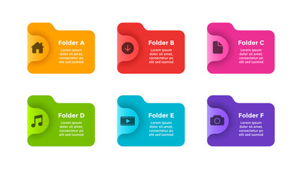 6 folder icons illustration. Infographic slide template for your presentation. File manager. Creative computer concept. User interface technology. - obrazy, fototapety, plakaty