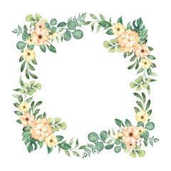 Geometric square floral frame with tropical leaves, watercolor greeting floral frame, tropical palm leaves and flowers 
