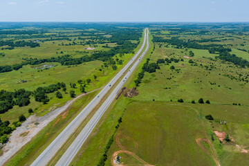 Aerial view panorama of original the historic Route 66 roadbed near Clinton Oklahoma