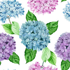 watercolor drawing. seamless pattern with hydrangea flowers. isolated on white background blue, pink, purple hydrangea flowers. vintage print, wallpaper design, fabrics, scrapbooking.