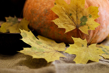 Autumn mood. Large yellow pumpkin on burlap
