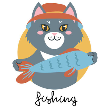 Vector illustration of a cute cartoon cat in a hat with a fish signed fishing