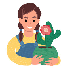 Caucasian girl with a cactus in bloom. Flat style Illustration