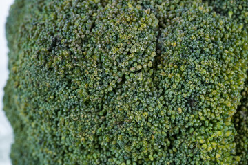 big detail broccoli on a white background with ice cubes and crushed ice