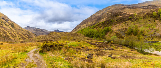 A panorama view of the battle ground  at Glen Shiel, Scotland on a summers day