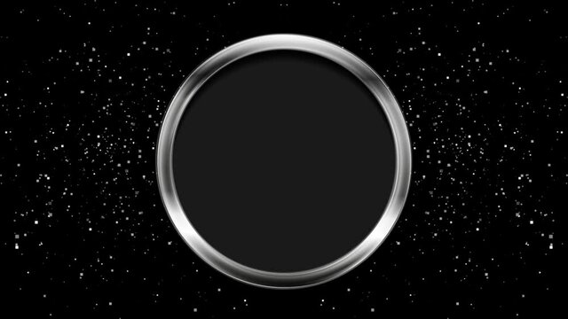 Silver metallic circle frame and shiny glowing bokeh lights motion design. Sparkling confetti background. Seamless looping. Video animation Ultra HD 4K 3840x2160