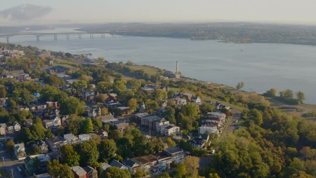 Aerial view of residential community along Hudson River