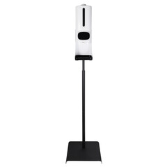 Sanitation station for cleaning hands with temperature sensor and screen on black rack isolated on white background frontal view. Concept of Infection prevention. 
