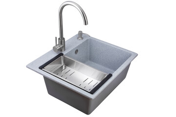 Sink for the kitchen made of artificial turquoise stone with tap and colander isolated on a white...