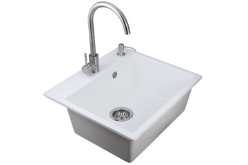 White artificial stone sink for kitchen with tap isolated on white background.
 - obrazy, fototapety, plakaty