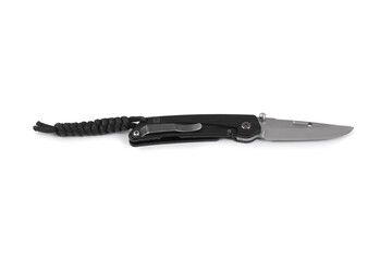 Pocket folding knife with black body isolated on white background. Knife with a folding blade.

