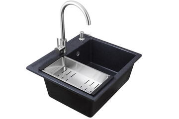 Black artificial stone kitchen sink with tap and colander isolated on white background.

