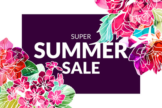 Summer Sale banner with alcohol ink flowers