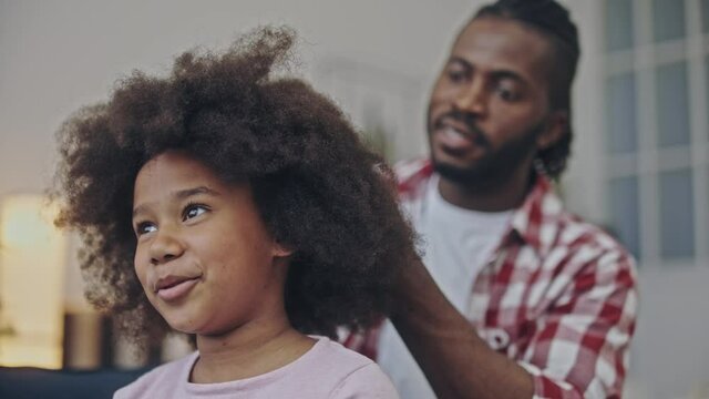 Loving dad combing natural black hair of little smiling daughter, caring parent