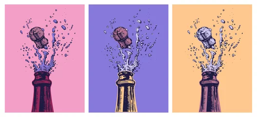 Selbstklebende Fototapete Pop Art Handgezeichnete Illustration der Champagner-Explosion. Handgezeichnete Illustration der Champagner-Explosion. Vektor-Illustration. Pop-Art. Moderne Kunst